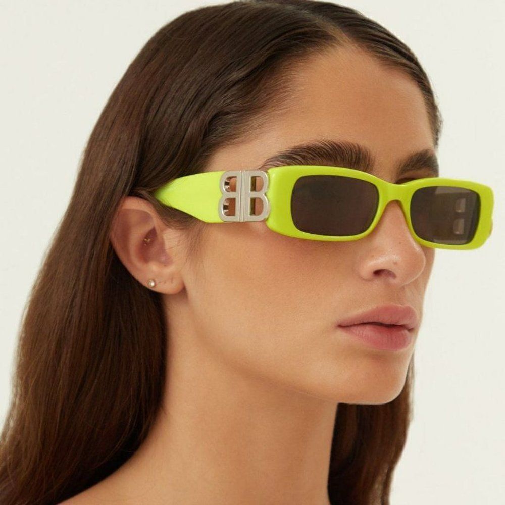 NEW Balenciaga  BB0096S 008 Yellow Silver Logo Grey Square Unisex Sunglasses - Picture 14 of 14